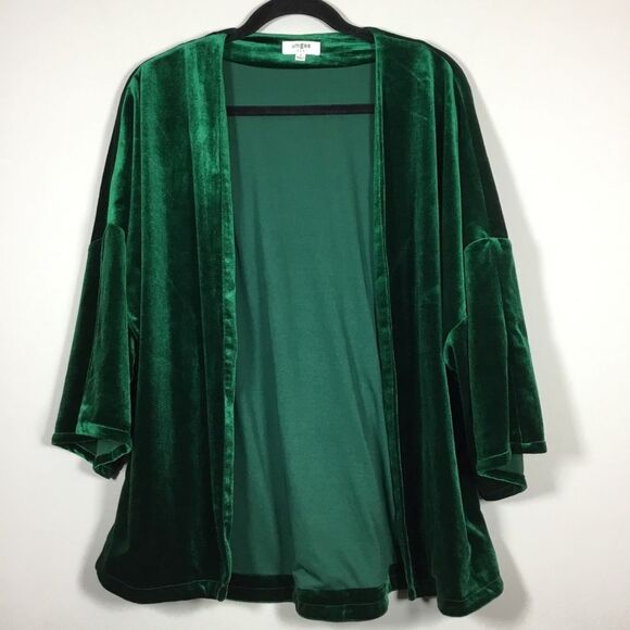 Dark forest green open front velvet jacket robe duster kimono witchy boho sz S - Picture 1 of 8